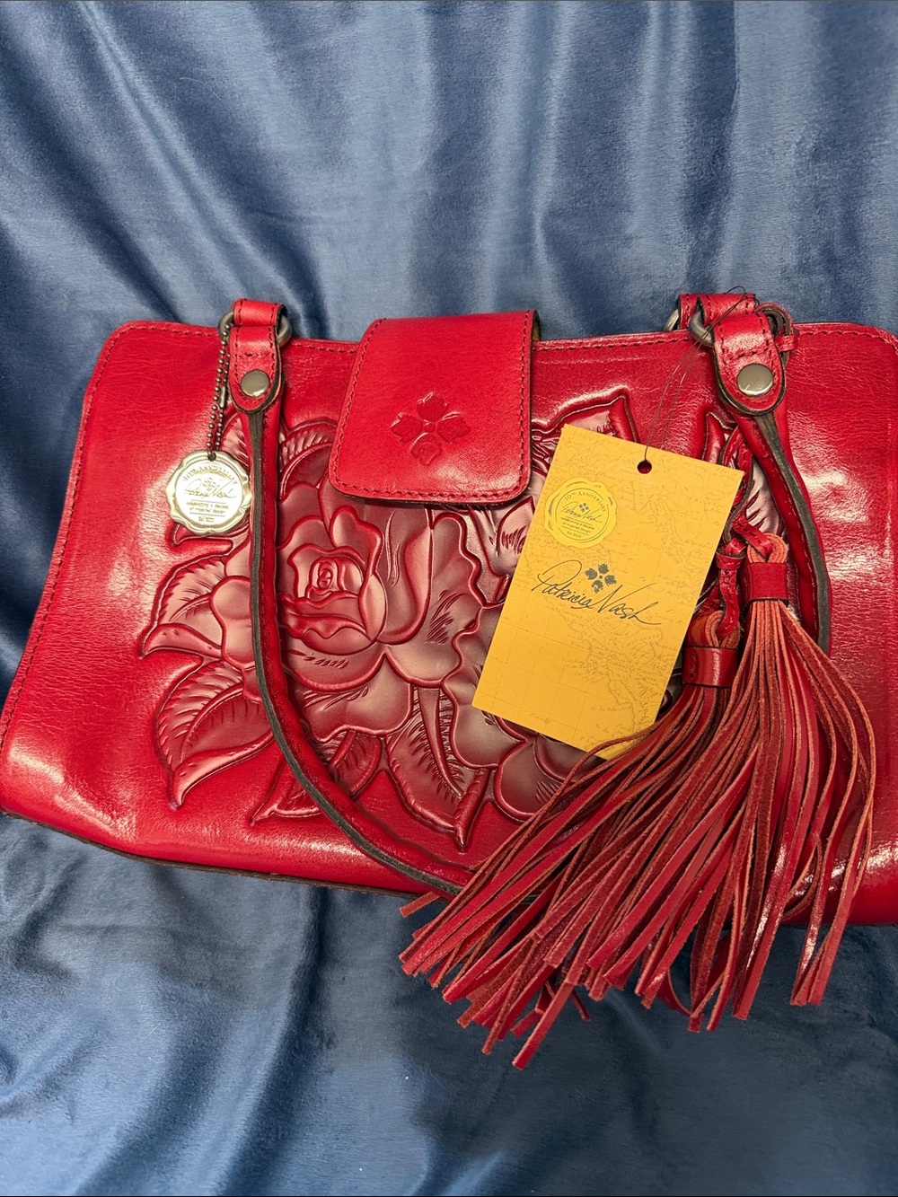 Patricia Nash Red Embossed Rose Leather Shoulder Bag with Tassel